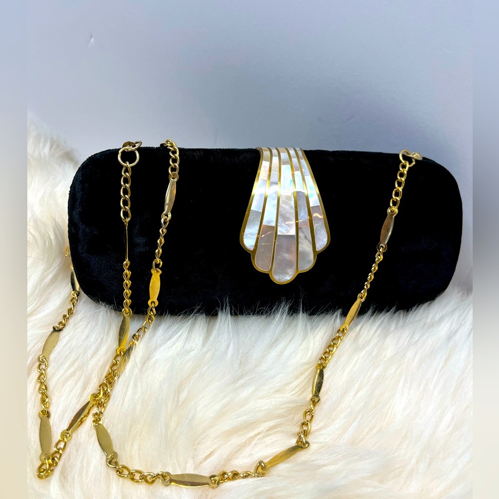 Vintage Black Velvet Clutch/ Crossbody / Mother of Pearl Inlay Brass Clasp